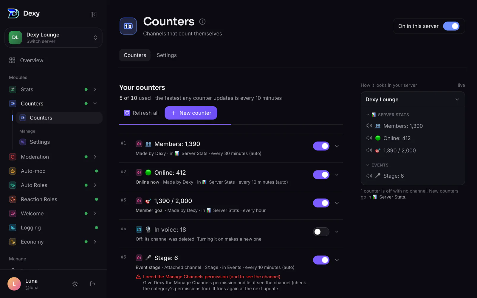 Counters on the dashboard
