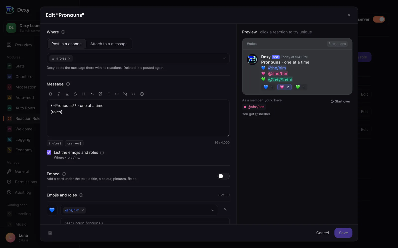 Reaction Roles on the dashboard