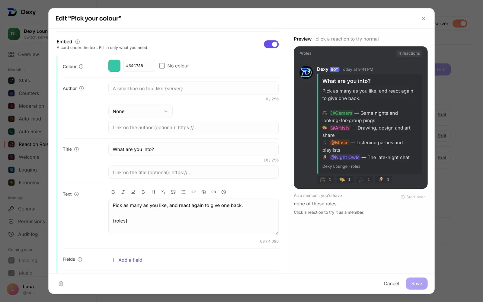 The embed builder: colour, author, title, text, fields, pictures, footer and time