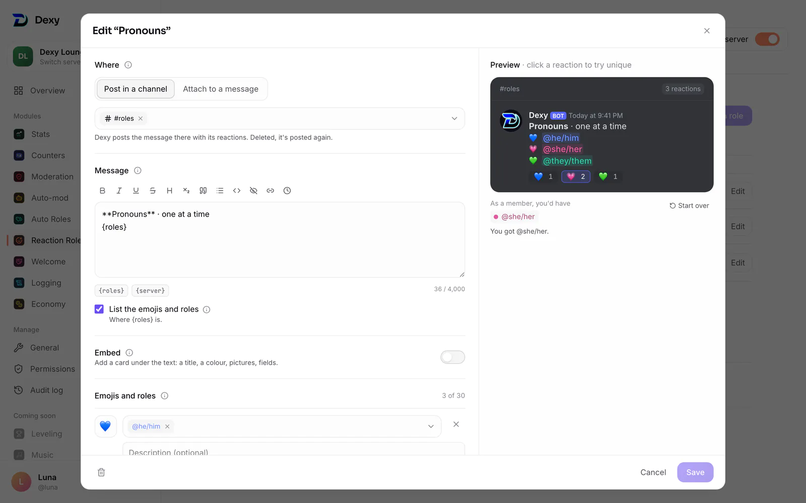 Reaction Roles on the dashboard